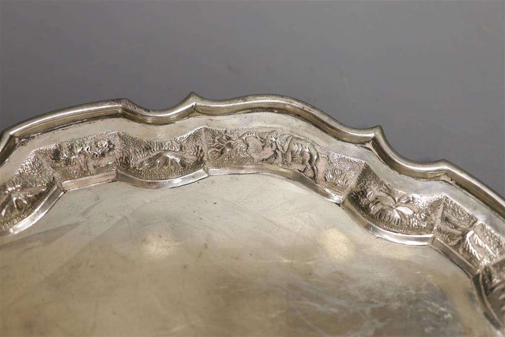 An Anglo-Indian Sterling silver presentation salver, Dia 30.5cm; 27.63oz